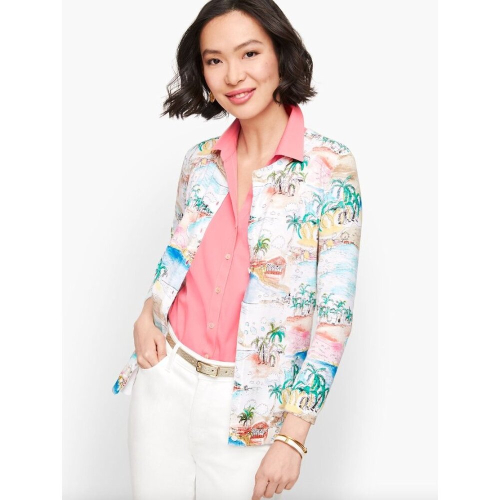 Talbots Womens Plus 2X Charming‎ Cardigan Tropical Coastal Print Button Up Knit